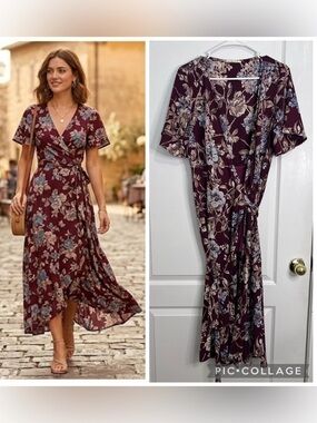 By Together Burgundy Floral Wrap Midi Dress size M